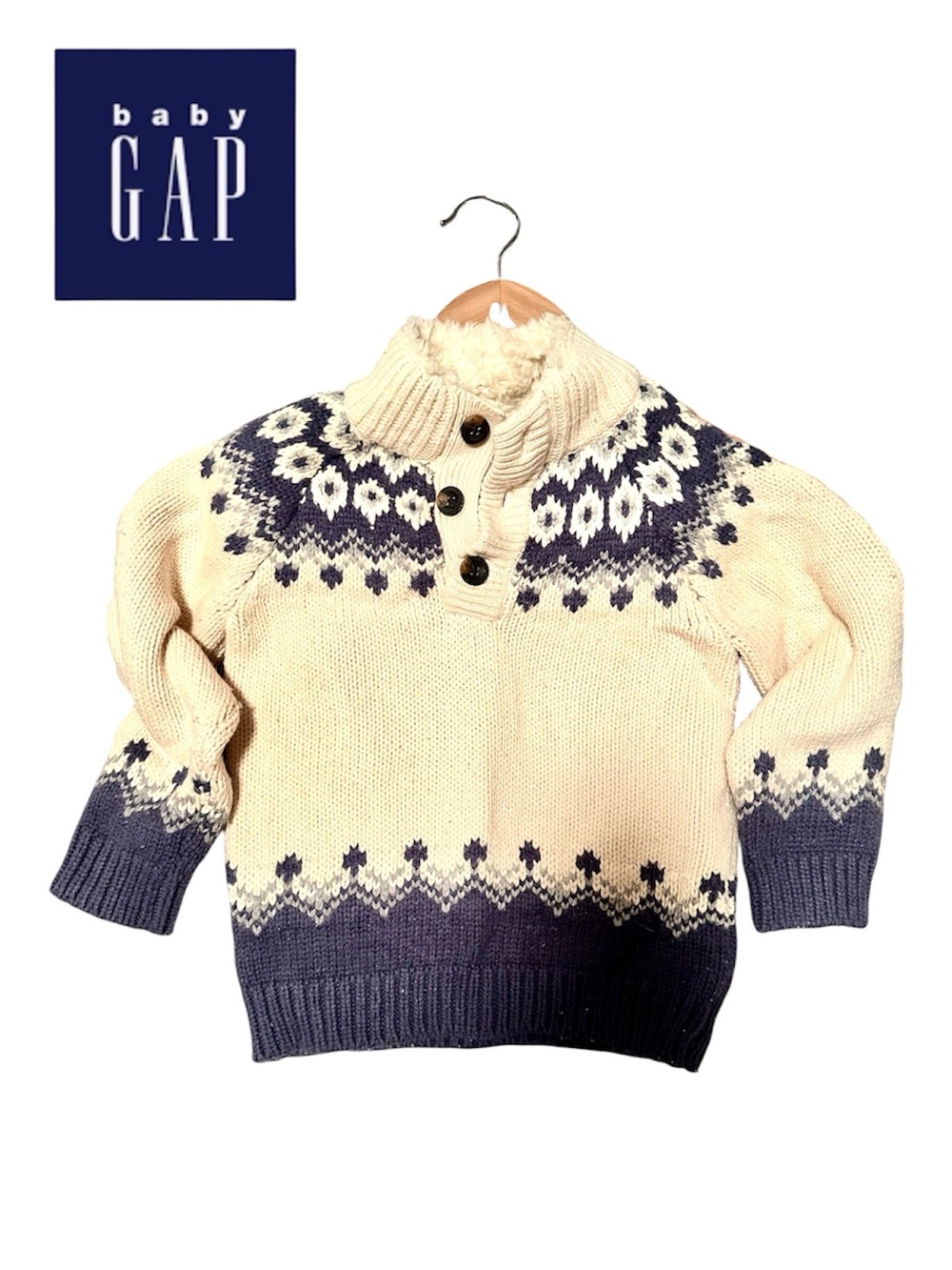 Baby GAP Cream and Navy Fair Isle Nordic Knit 3-Button Sweater-Size 3/3T